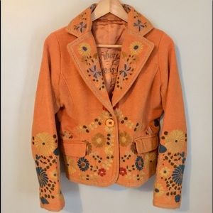 Floral Embroidery Orange Textured Blazer